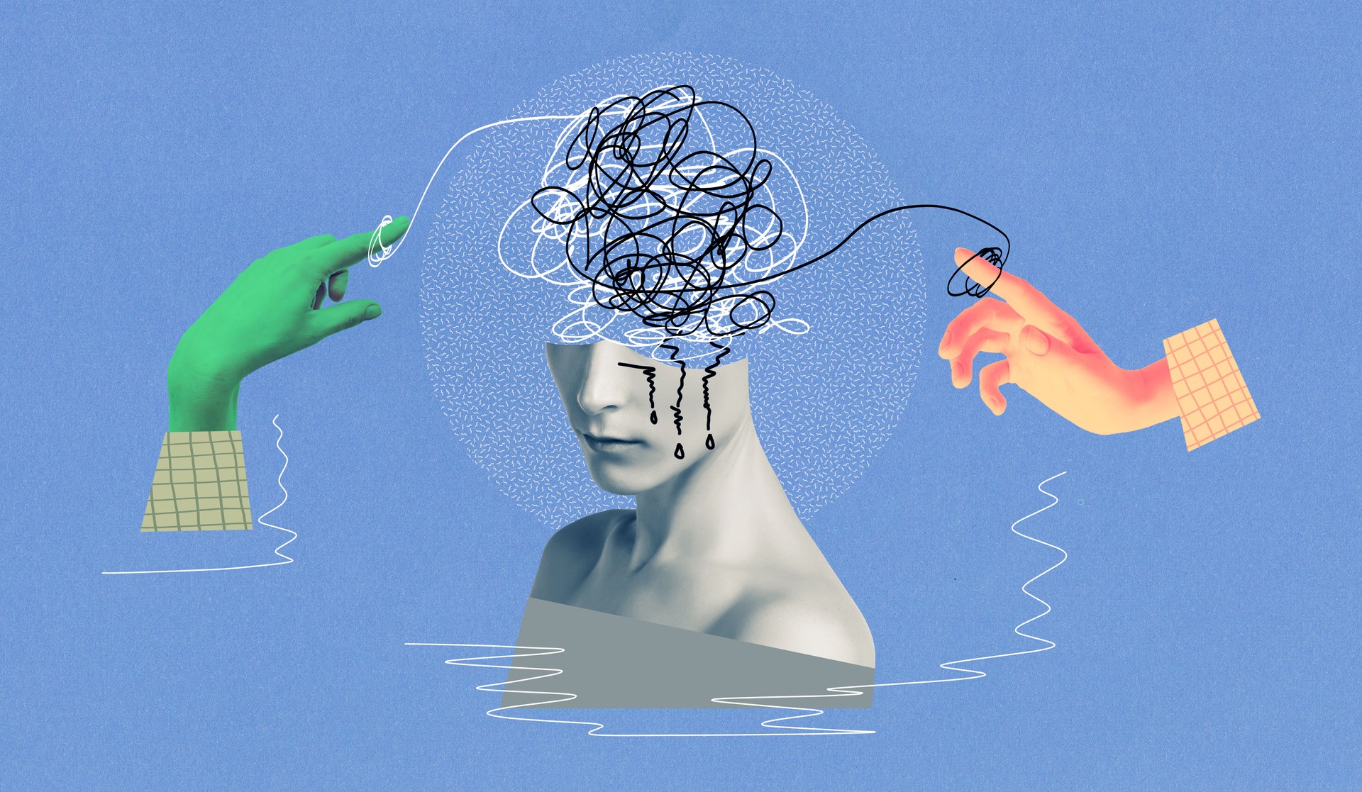 Contemporary art collage, design. Abstract hand near human head, working with mental issues. Psychiatrist. Concept of medical assistance, treatment, mental treatment