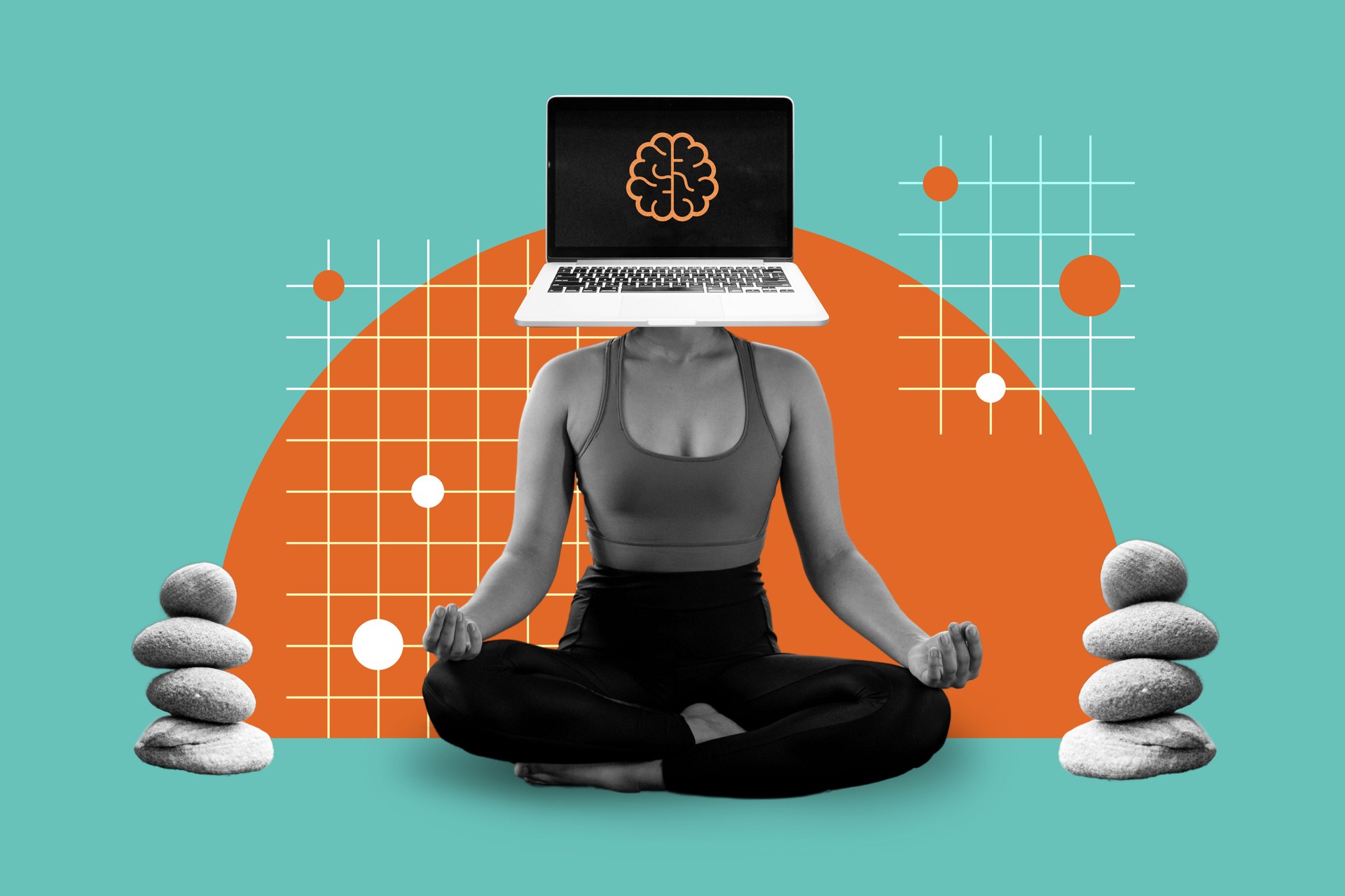 Meditation with digital wellbeing app. Collage illustration of mobile application and software to track mental health. Work life balance concept.